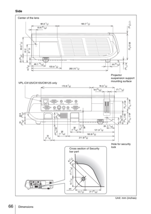 Page 6666Dimensions
Side
Unit: mm (inches)
NETWORK
INPUT CRGB AUDIO
INPUT A
MONITOR AUDIO
OUTPUTS VIDEOAUDIO RS-232C
REMOTE VIDEO
VIDEO INRGB AUDIO
INPUT B
NETWORK
INPUT CRGB AUDIO
INPUT A
MONITOR AUDIO
OUTPUTS VIDEOAUDIO RS-232C
REMOTE VIDEO
VIDEO INRGB AUDIO
INPUT B
172 (6 7/8)
46 (1 
13/16)
78 (3 1/8)
121 (4 
7/8)
160 (6 3/8)
18
(23/32)
35 
(1 7/16)18 (
23/32)17 (11/16) 
40 (1 
5/8)
23 (
29/32)
26  (1 1/16)
39 (1 
9/16) 45 (1 
13/16)
40
 (1 5/8)30
(1 3/16)
31
(1 
1/4)
20 (13/16)
20 
(13/16)22.5
(29/32)
211...