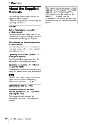 Page 1010About the Supplied Manuals
BOverview
About the Supplied 
Manuals
The following manuals and softwares are 
supplied with the projector.
On Macintosh system, you can read only the 
Operating Instructions.
Manuals
Safety Regulations (separately 
printed manual)
This manual describes important notes and 
cautions to which you have to pay attention 
when handling and using this projector.
Quick Reference Manual (separately 
printed manual)
This manual describes basic operations for 
projecting pictures...