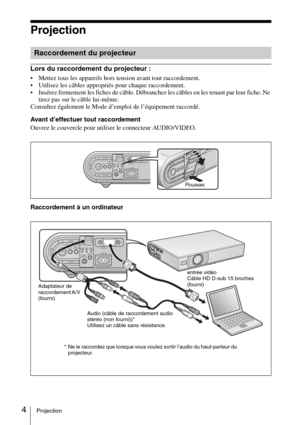 Page 284Projection
Projection
Lors du raccordement du projecteur : 
 Mettez tous les appareils hors tension avant tout raccordement.
 Utilisez les câbles appropriés pour chaque raccordement.
 Insérez fermement les fiches de câble. Débranchez les câbles en les tenant par leur fiche. Ne 
tirez pas sur le câble lui-même.
Consultez également le Mode d’emploi de l’équipement raccordé.
Avant d’effectuer tout raccordement
Ouvrez le couvercle pour utiliser le connecteur AUDIO/VIDEO.
Raccordement à un ordinateur...