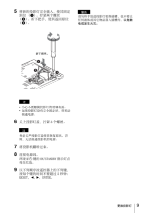 Page 819更换投影灯
5将新的投影灯完全插入，使其固定
到位 （
1）。拧紧两个螺丝
（
3）。折下把手，使其返回原位
（
2）。
 
小心不要触摸投影灯的玻璃表面。
如果投影灯没有完全固定好，将无法
接通电源。
6关上投影灯盖，拧紧 3 个螺丝。
务必关严投影灯盖使其恢复原状。否
则，无法接通投影机的电源。
7将投影机翻转过来。
8连接电源线。
环绕 ?/1键的 ON/STANDBY 指示灯点
亮呈红色。
9以下列顺序按遥控器上的下列键，
按每个键的时间不要超过 5 秒钟： 
RESET, b, B, ENTER
。
请勿将手放进投影灯更换插槽，也不要让
任何液体或其它物品落入插槽内，以免触
电或发生火灾。
注
注
折下把手。
警告 