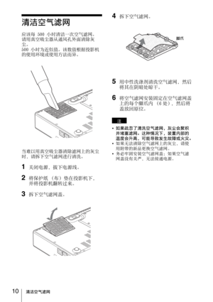 Page 8210清洁空气滤网
清洁空气滤网
应该每 500 小时清洁一次空气滤网。 
请用真空吸尘器从通风孔外面清除灰
尘。
500 小时为近似值。该数值根据投影机
的使用环境或使用方法而异。
当难以用真空吸尘器清除滤网上的灰尘
时，请拆下空气滤网进行清洗。
1关闭电源，拔下电源线。
2将保护纸 （布）垫在投影机下，
并将投影机翻转过来。
3拆下空气滤网盖。
4拆下空气滤网。
5用中性洗涤剂清洗空气滤网，然后
将其在阴暗处晾干。
6将空气滤网安装固定在空气滤网盖
上的每个脚爪内 （6 处），然后将
盖放回原位。
如果疏忽了清洗空气滤网，灰尘会聚积
并堵塞滤网。这种情况下，装置内部的
温度会升高，可能导致发生故障或火灾。
如果无法清除空气滤网上的灰尘，请使
用附带的新品更换空气滤网。
务必牢固安装空气滤网盖；如果空气滤
网盖没有关严，无法接通电源。
注
脚爪 