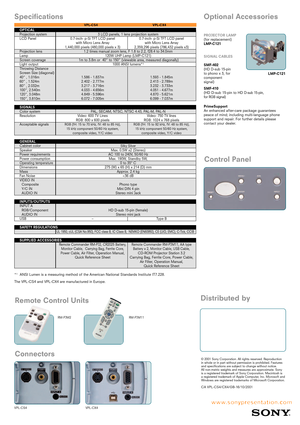 Page 4VPL-CS4 VPL-CX4
Speciﬁcations Optional Accessories
PROJECTOR LAMP 
(for replacement)
LMP-C121
SIGNAL CABLES
SMF-402
(HD D-sub 15-pin 
to phono x 3, for 
component 
signal)
SMF-410
(HD D-sub 15-pin to HD 
D-sub 15-pin, 
for RGB signal)
PrimeSupport
An enhanced after-care package guarantees
peace of mind; including multi-language phone
support and repair. For further details please 
contact your dealer.LMP-C121
© 2001 Sony Corporation. All rights reserved. Reproduction 
in whole or in part without...