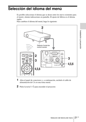 Page 11721 ESSelección del idioma del menú
Instalación y proyección
Selección del idioma del menú
Es posible seleccionar el idioma que se desee entre los nueve existentes para 
el menú y demás indicaciones en pantalla. El ajuste de fábrica es el idioma 
inglés.
Para cambiar el idioma del menú, haga lo siguiente:
1Abra el panel de conectores y, a continuación, enchufe el cable de 
alimentación de CA en una toma mural.
2Pulse la tecla I / 1 para encender el proyector.
I /  1
INPUT
FREEZE
MENU ENTER
KEYSTONEMS...