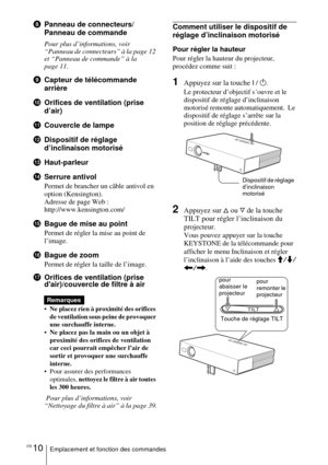 Page 58FR 10Emplacement et fonction des commandes
8Panneau de connecteurs/
Panneau de commande
Pour plus d’informations, voir 
“Panneau de connecteurs” à la page 12 
et “Panneau de commande” à la 
page 11.
9Capteur de télécommande 
arrière 
0 Orifices de ventilation (prise 
d’air)
qa Couvercle de lampe
qs Dispositif de réglage 
d’inclinaison motorisé
qd Haut-parleur
qf Serrure antivol 
Permet de brancher un câble antivol en 
option (Kensington).
Adresse de page Web : 
http://www.kensington.com/
qgBague de mise...