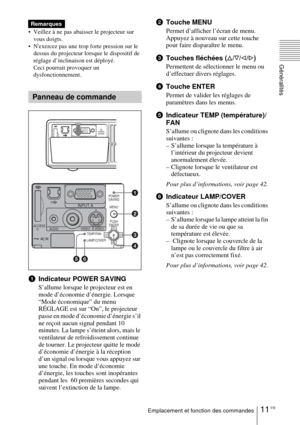 Page 5911 FREmplacement et fonction des commandes
Généralités
 Veillez à ne pas abaisser le projecteur sur vous doigts.
 Nexercez pas une trop forte pression sur le  dessus du projecteur lorsque le dispositif de 
réglage d’inclinaison est déployé.
Ceci pourrait provoquer un 
dysfonctionnement.
1 Indicateur POWER SAVING
S’allume lorsque le projecteur est en 
mode d’économie d’énergie. Lorsque 
“Mode économique” du menu 
RÉGLAGE est sur “On”, le projecteur 
passe en mode d’économie d’énergie s’il 
ne reçoit...