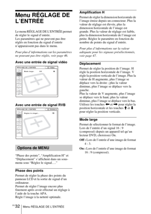 Page 80FR 32Menu RÉGLAGE DE L’ENTRÉE
Menu RÉGLAGE DE 
L’ENTRÉE
Le menu RÉGLAGE DE LENTRÉE permet 
de régler le signal d’entrée. 
Les paramètres qui ne peuvent pas être 
réglés en fonction du signal d’entrée 
n’apparaissent pas dans le menu.
Pour plus d’informations sur les paramètres 
ne pouvant pas être réglés, voir page 46.
Avec une entrée de signal vidéo 
Avec une entrée de signal RVB
“Phase des points”, “Amplification H” et 
“Déplacement” s’affichent dans un sous-
menu sous “Réglez le signal….”
Phase des...