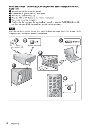 Page 186Projecting
Wired connection - when using Air Shot (wireless connection) function (VPL-
CX86 only)
1Insert the supplied wireless LAN card.
2Connect the AC power cord to a wall outlet.
3Press the ?/1 (on/standby) key.
4Press the AIR SHOT button on the remote commander.
5Turn on the power the computer.
6Confirm that the switch on the wireless LAN module is set to the WIRELESS LAN side, 
and then insert the USB wireless LAN module into the computer.
When the Air Shot is used for the first time, install the...