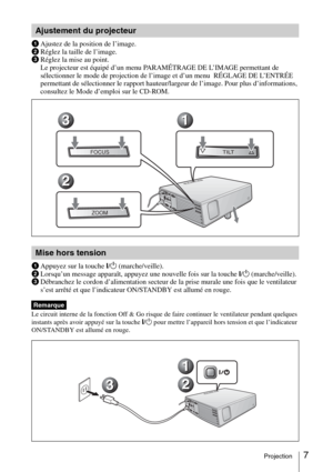 Page 317Projection
1Ajustez de la position de l’image.
2Réglez la taille de l’image.
3Réglez la mise au point.
Le projecteur est équipé d’un menu PARAMÉTRAGE DE L’IMAGE permettant de 
sélectionner le mode de projection de l’image et d’un menu  RÉGLAGE DE L’ENTRÉE 
permettant de sélectionner le rapport hauteur/largeur de l’image. Pour plus d’informations, 
consultez le Mode d’emploi sur le CD-ROM.
1Appuyez sur la touche I/1 (marche/veille).
2Lorsqu’un message apparaît, appuyez une nouvelle fois sur la touche I/1...