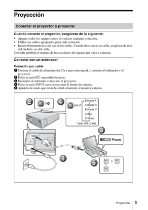 Page 415Proyección
Proyección
Cuando conecte el proyector, asegúrese de lo siguiente: 
 Apague todos los equipos antes de realizar cualquier conexión.
 Utilice los cables apropiados para cada conexión.
 Inserte firmemente las clavijas de los cables. Cuando desconecte un cable, asegúrese de tirar 
del enchufe, no del cable.
Consulte también el manual de instrucciones del equipo que vaya a conectar.
Conectar con un ordenador
Conexión por cable
1Conecte el cable de alimentación CA a una toma mural, y conecte el...