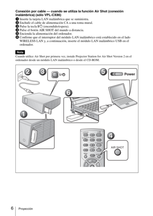 Page 426Proyección
Conexión por cable — cuando se utiliza la función Air Shot (conexión 
inalámbrica) (sólo VPL-CX86)
1Inserte la tarjeta LAN inalámbrica que se suministra.
2Enchufe el cable de alimentación CA a una toma mural.
3Pulse la tecla I/1 (encendido/espera).
4Pulse el botón AIR SHOT del mando a distancia.
5Encienda la alimentación del ordenador.
6Confirme que el interruptor del módulo LAN inalámbrico está establecido en el lado 
WIRELESS LAN y, a continuación, inserte el módulo LAN inalámbrico USB en...