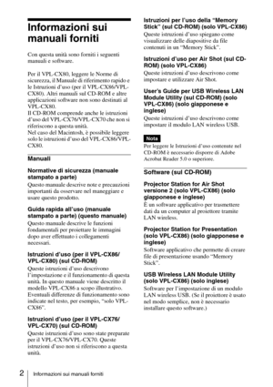 Page 622Informazioni sui manuali forniti
Informazioni sui 
manuali forniti
Con questa unità sono forniti i seguenti 
manuali e software.
Per il VPL-CX80, leggere le Norme di 
sicurezza, il Manuale di riferimento rapido e 
le Istruzioni d’uso (per il VPL-CX86/VPL-
CX80). Altri manuali sul CD-ROM e altre 
applicazioni software non sono destinati al 
VPL-CX80.
Il CD-ROM comprende anche le istruzioni 
d’uso del VPL-CX76/VPL-CX70 che non si 
riferiscono a questa unità.
Nel caso del Macintosh, è possibile leggere...