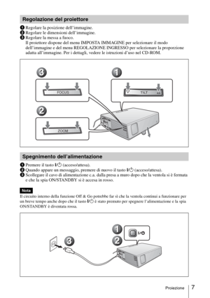 Page 677Proiezione
1Regolare la posizione dell’immagine.
2Regolare le dimensioni dell’immagine.
3Regolare la messa a fuoco.
Il proiettore dispone del menu IMPOSTA IMMAGINE per selezionare il modo 
dell’immagine e del menu REGOLAZIONE INGRESSO per selezionare la proporzione 
adatta all’immagine. Per i dettagli, vedere le istruzioni d’uso nel CD-ROM.
1Premere il tasto I/1 (acceso/attesa).
2Quando appare un messaggio, premere di nuovo il tasto I/1 (acceso/attesa).
3Scollegare il cavo di alimentazione c.a. dalla...