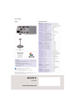 Page 2www.sony-europe.com
SONY EUROPE
VPL-
CX80
© 2005 Sony Corporation. All rights reserved.
Reproduction in whole or in part without written permission is prohibited. Features and specifications are
subject to change without notice. All non-metric weights and measures are approximate.
Sony is a registered trademark of Sony Corporation.
Inputs Specification Table
Halogented flame retardants are not used in cabinets.
Halogented flame retardants are not used in printed wiring boards.
Lead-free solder is used...