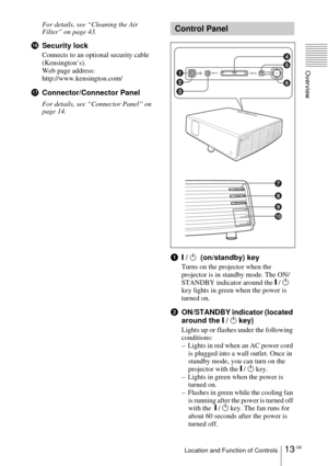 Page 1313 GBLocation and Function of Controls
Overview
For details, see “Cleaning the Air 
Filter” on page 43.
qhSecurity lock 
Connects to an optional security cable 
(Kensington’s).
Web page address: 
http://www.kensington.com/
qjConnector/Connector Panel
For details, see “Connector Panel” on 
page 14.
1I / 1  (on/standby) key
Turns on the projector when the 
projector is in standby mode. The ON/
STANDBY indicator around the I / 1 
key lights in green when the power is 
turned on.
2ON/STANDBY indicator...