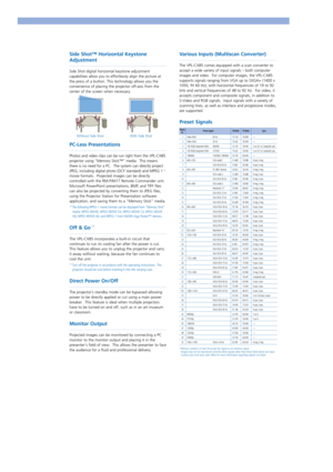 Page 5Side Shot™ Horizontal Keystone
Adjustment
Side Shot digital horizontal keystone adjustment
capabilities allow you to effortlessly align the picture at
the press of a button. This technology allows you the
convenience of placing the projector off-axis from the
center of the screen when necessary.
PC-Less Presentations
Photos and video clips can be run right from the VPL-CX85
projector using “Memory Stick™” media.  This means
there is no need for a PC.  The system can directly project
JPEG, including...