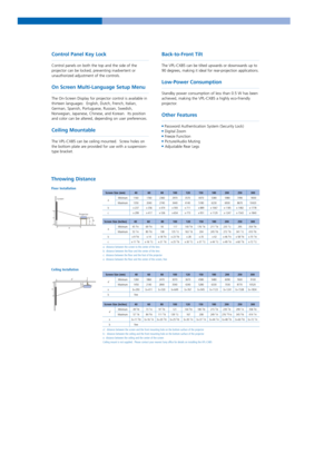 Page 6Control Panel Key Lock
Control panels on both the top and the side of the
projector can be locked, preventing inadvertent or
unauthorized adjustment of the controls.
On Screen Multi-Language Setup Menu
The On-Screen Display for projector control is available in
thirteen languages:  English, Dutch, French, Italian,
German, Spanish, Portuguese, Russian, Swedish,
Norwegian, Japanese, Chinese, and Korean.  Its position
and color can be altered, depending on user preferences.
Ceiling Mountable
The VPL-CX85...