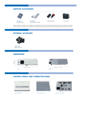 Page 7Remote Commander:  RM-PJM17, AA sized batteries (x2), Presentation Tool:  RM-PJP1, AAA sized batteries (x2), HD D-sub 15-pin cable (2m),  USB cable
A type to B type, Security Label, Air Filter (replacement), Operating Instructions, Quick Reference Sheet, CD-ROM (application  software), AC Power Cord
OPTIONAL ACCESSORY
SUPPLIED ACCESSORIES
DIMENSIONS
CONTROL PANELS AND CONNECTOR PANEL
FrontRight Side
Control Panel (Side)
Control Panel (Top) Connector Panel (Side)
IFU-WLC1Wireless LAN card USB Storage...