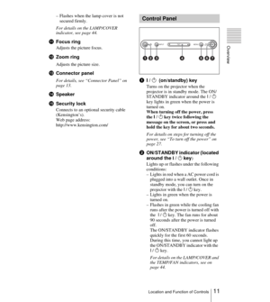 Page 1111Location and Function of Controls
Overview
– Flashes when the lamp cover is not 
secured firmly.
For details on the LAMP/COVER 
indicator, see page 44.
qaFocus ring
Adjusts the picture focus.
qsZoom ring
Adjusts the picture size.
qdConnector panel
For details, see “Connector Panel” on 
page 13.
qfSpeaker
qgSecurity lock 
Connects to an optional security cable 
(Kensington’s).
Web page address: 
http://www.kensington.com/
1I / 1  (on/standby) key
Turns on the projector when the 
projector is in standby...