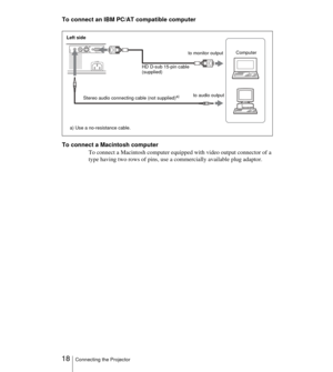 Page 18 18Connecting the Projector
To connect an IBM PC/AT compatible computer
To connect a Macintosh computer 
To connect a Macintosh computer equipped with video output connector of a 
type having two rows of pins, use a commercially available plug adaptor.  
INPUT AS VIDEO VIDEOAUDIO
to audio output Left side
HD D-sub 15-pin cable 
(supplied)
Stereo audio connecting cable (not supplied)a)
to monitor output Computer
a) Use a no-resistance cable. 