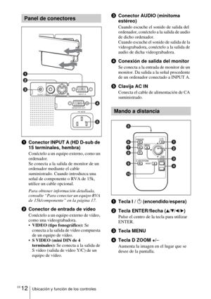 Page 114ES 12Ubicación y función de los controles
1Conector INPUT A (HD D-sub de 
15 terminales, hembra)
Conéctelo a un equipo externo, como un 
ordenador. 
Se conecta a la salida de monitor de un 
ordenador mediante el cable 
suministrado. Cuando introduzca una 
señal de componente o RVA de 15k, 
utilice un cable opcional.
Para obtener información detallada, 
consulte “Para conectar un equipo RVA 
de 15k/componente” en la página 17.
2Conector de entrada de vídeo
Conéctelo a un equipo externo de vídeo, 
como una...