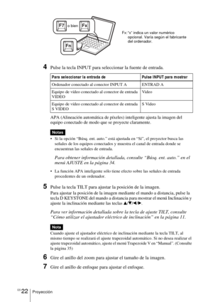 Page 124ES 22Proyección
4Pulse la tecla INPUT para seleccionar la fuente de entrada. 
APA (Alineación automática de píxeles) inteligente ajusta la imagen del 
equipo conectado de modo que se proyecte claramente.
 Si la opción “Búsq. ent. auto.” está ajustada en “Sí”, el proyector busca las 
señales de los equipos conectados y muestra el canal de entrada donde se 
encuentran las señales de entrada.
Para obtener información detallada, consulte “Búsq. ent. auto.” en el 
menú AJUSTE en la página 34.
 La función...