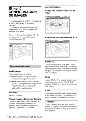 Page 132ES 30El menú CONFIGURACIÓN DE IMAGEN
El menú 
CONFIGURACIÓN 
DE IMAGEN
El menú CONFIGURACIÓN DE IMAGEN 
se utiliza para ajustar la imagen o el 
volumen. 
Los elementos que no pueden ajustarse 
dependiendo de la señal de entrada no 
aparecen en el menú. 
Para ver información detallada sobre los 
elementos que no es posible ajustar, 
consulte la página 48.
Modo Imagen
Selecciona el modo de imagen.
Dinámico: enfatiza el contraste para 
producir una imagen “dinámica”.
Estándar: Normalmente, seleccione este...