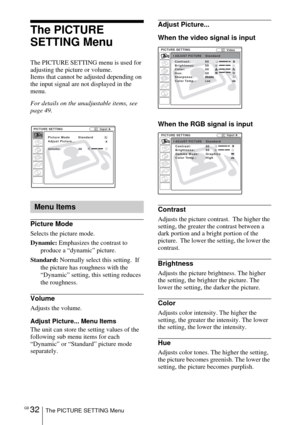 Page 32GB 32The PICTURE SETTING Menu
The PICTURE 
SETTING Menu
The PICTURE SETTING menu is used for 
adjusting the picture or volume. 
Items that cannot be adjusted depending on 
the input signal are not displayed in the 
menu. 
For details on the unadjustable items, see 
page 49.
Picture Mode
Selects the picture mode.
Dynamic: Emphasizes the contrast to 
produce a “dynamic” picture.
Standard: Normally select this setting.  If 
the picture has roughness with the 
“Dynamic” setting, this setting reduces 
the...