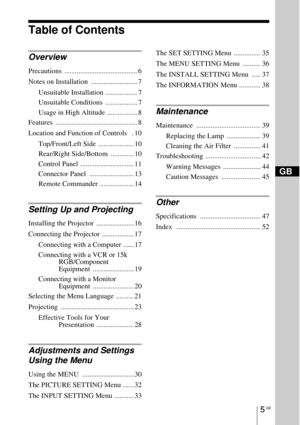 Page 55 GB
Table of Contents
GB
Overview
Precautions ......................................... 6
Notes on Installation  .......................... 7
Unsuitable Installation .................. 7
Unsuitable Conditions  .................. 7
Usage in High Altitude  ................. 8
Features .............................................. 8
Location and Function of Controls   . 10
Top/Front/Left Side  .................... 10
Rear/Right Side/Bottom  ............. 10
Control Panel  .................................