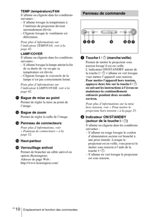 Page 62FR 10Emplacement et fonction des commandes
TEMP (température)/FAN 
S’allume ou clignote dans les conditions 
suivantes :
– S’allume lorsque la température à 
l’intérieur du projecteur devient 
anormalement élevée.
– Clignote lorsque le ventilateur est 
défectueux.
Pour plus d’informations sur 
l’indicateur TEMP/FAN, voir à la 
page 42.
LAMP/COVER
S’allume ou clignote dans les conditions 
suivantes :
– S’allume lorsque la lampe atteint la fin 
de sa durée de vie ou que sa 
température est élevée.
–...