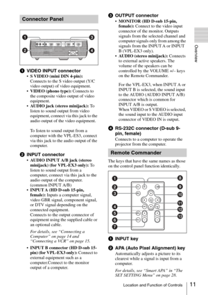 Page 11
11Location and Function of Controls
Overview
aVIDEO INPUT connector
•S VIDEO (mini DIN 4-pin): 
Connects to the S video output (Y/C 
video output) of video equipment.
 VIDEO (phono type):  Connects to 
the composite video output of video 
equipment.
 AUDIO jack (stereo minijack):  To  
listen to sound output from video 
equipment, connect via this jack to the 
audio output of the video equipment.
To listen to sound output from a 
computer with the VPL-ES3, connect 
via this jack to the audio output of...