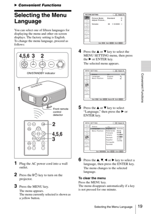 Page 1919Selecting the Menu Language
Convenient Functions
BConvenient Functions
Selecting the Menu 
Language
You can select one of fifteen languages for 
displaying the menu and other on-screen 
displays. The factory setting is English.
To change the menu language, proceed as 
follows:
1Plug the AC power cord into a wall 
outlet.
2Press the ?/1 key to turn on the 
projector.
3Press the MENU key.
The menu appears.
The menu currently selected is shown as 
a yellow button.
4Press the v or V key to select the 
MENU...