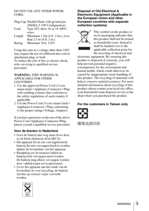 Page 3
3WARNING
DO NOT USE ANY OTHER POWER 
CORD.
Plug Cap Parallel blade with ground pin (NEMA 5-15P Configuration)
Cord Type SJT, three 16 or 18 AWG  wires
Length Minimum 1.5m (4 ft .11in.), Less  than 2.5 m (8 ft .3 in.)
Rating Minimum 10A, 125V
Using this unit at a voltage other than 120V 
may require the use of a different line cord or 
attachment plug, or both.
To reduce the risk of fire or electric shock, 
refer servicing to qualified service 
personnel.
WA R N I N G :  THIS WARNING IS 
APPLICABLE FOR...