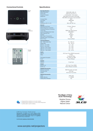 Page 2www.sonybiz.net/projectors
Control
Panel
Output
Connections
Remote
Control
Specifications Connections/Controls
© 2007 Sony Corporation. All rights reserved.
Reproduction in whole or in part without written
permission is prohibited. Features and specifications are
subject to change without notice. All non-metric weights
and measures are approximate. Sony is a registered
trademark of Sony Corporation.
CA VPL-ES4_DataSheet GB-09/03/2006
Key SpecificationsNative Resolution SVGA (800 x 600 x 3)Panel Type...