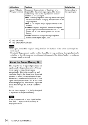 Page 3434The INPUT SETTING Menu
*1: VPL-EW5 only
*2: VPL-EX5/EX50/ES5 only
 For Aspect, some of the “Aspect” setting items are not displayed on the screen according to the 
input signal.
 Note that if the projector is used for profit or for public viewing, modifying the original picture by 
switching to the wide mode may constitute an infringement of the rights of authors or producers, 
which are legally protected.
This projector has 45 types of preset data for 
input signals (the preset memory). When a 
preset...