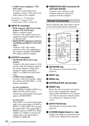 Page 1616Location and Function of Controls
AUDIO (stereo minijack)  (VPL-
EW7 only):
To listen to sound output from 
computer, connect via this jack to the 
audio output of the computer.
For details, see “Connecting a 
Computer” on page 18 and 
“Connecting a VCR” on page 20.
dINPUT B connector
RGB connector (HD D-sub 15-pin, 
female) (VPL-EX70 only):
Inputs a computer signal.
Connects to the output connector of 
equipment using the supplied cable or 
an optional cable.
Digital RGB/Component connector 
(for HDMI...