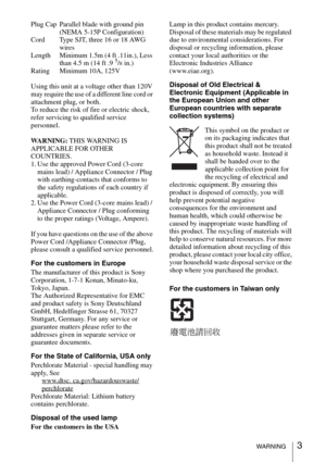 Page 33WARNING
Plug Cap Parallel blade with ground pin 
(NEMA 5-15P Configuration)
Cord Type SJT, three 16 or 18 AWG 
wires
Length Minimum 1.5m (4 ft .11in.), Less 
than 4.5 m (14 ft .9 
5/8 in.)
Rating Minimum 10A, 125V
Using this unit at a voltage other than 120V 
may require the use of a different line cord or 
attachment plug, or both.
To reduce the risk of fire or electric shock, 
refer servicing to qualified service 
personnel.
WA R N I N G : THIS WARNING IS 
APPLICABLE FOR OTHER 
COUNTRIES.
1. Use the...