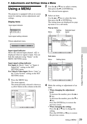 Page 2929Using a MENU
Adjustments and Settings Using a Menu
BAdjustments and Settings Using a Menu
Using a MENU
The projector is equipped with an on-screen 
menu for making various adjustments and 
settings.
Display items
Input signal indicator
Shows the selected input channel.   is 
displayed when no signal is input. You can 
hide this indicator using “Status” on the 
MENU SETTING menu.
Input signal setting indicator
For Input-A: Shows “Auto” or “Input-A 
Signal Sel.” setting on the SET 
SETTING menu.
For...