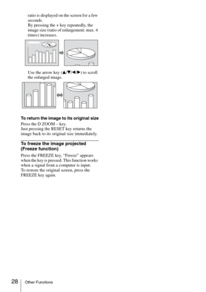 Page 2828Other Functions
ratio is displayed on the screen for a few 
seconds.
By pressing the + key repeatedly, the 
image size (ratio of enlargement: max. 4 
times) increases.
Use the arrow key (
v/V/b/B) to scroll 
the enlarged image.
To return the image to its original size
Press the D ZOOM – key.
Just pressing the RESET key returns the 
image back to its original size immediately.
To freeze the image projected 
(Freeze function)
Press the FREEZE key. “Freeze” appears 
when the key is pressed. This function...