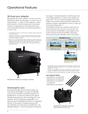 Page 66
Operational Features
3D Dual Lens Adaptor
Attaching the 3D dual lens adaptor* to its lens mount, the 
SXR- R320 can deliver crisp 3D images** to screens up to 15 
meters (50 feet)*** in width at 4.5 ft- L brightness.  It allows 
full 2K resolution for the left and right eye simultaneously, 
resulting in a high-brightness, high- quality stereoscopic 
cinema presentation that offers more faithful reproduction 
of motion in 3D.
   * For detailed information on the 3D dual lens adaptors, please contact...