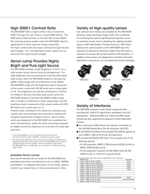 Page 55
System Advantages/Features
High 2000:1 Contrast Ratio
The SRX- R320P offers a high contrast ratio of more than 
2000:1 through the use of Sony’s unique SXRD device.  The 
SXRD device itself achieves a contrast ratio of over 4000:1. 
This stunning picture quality makes the SRX- R320P ideal for 
applications in which dynamic range is essential.
The high contrast ratio has been achieved through two key 
technologies – the ‘normally black mode’ system and an 
extremely thin liquid crystal cell gap.
Xenon...