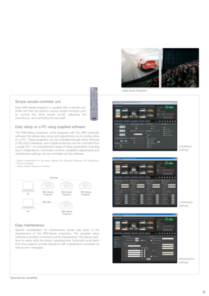 Page 9Simple remote controller unit
Each SRX-Series projector is supplied with a remote con-
troller unit that can perform various simple functions such
as turning the lamp power on/off, adjusting the
zoom/focus, and controlling the lens shift.
Easy setup on a PC using supplied software
The SRX-Series projectors come equipped with the SRX Controller
software that allows easy setup and adjustments via its intuitive GUIs
on a PC*. These projectors can be controlled through either Ethernet
or RS-232C interfaces,...