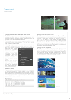 Page 7Operational 
versatility
Zoom/Focus memory function 
The SRX-Series projectors are equipped with Zoom and Focus
Memory functions that make it easy to switch the projection between
two types of aspect ratios. When used with the optional LKRL-Z117,
LKRL-Z119 and LKRL-Z122 Zoom Lenses, any seven zoom and
focus positions can be memorised and instantly recalled via the SRX
Controller software. This allows full screen display regardless of the
aspect ratio. An electronic vertical alignment feature is included...