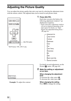 Page 32 32
Adjusting the Picture Quality
You can adjust the picture quality that suits your taste by selecting the adjustment items 
with the remote control. The adjusted data can be stored in each picture mode.
1Press ADJ PIC.
Each time you press the button, the 
following adjustment windows* are 
displayed in sequence.
* Some of the above adjustment windows 
will not be displayed depending on the 
input signal. For details, see “Input 
Signals and Adjustable/Setting Items.” 
(1 page 64)
Example: To adjust the...