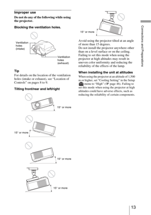 Page 1313 
Connections and Preparations
Improper use
Do not do any of the following while using 
the projector.
Blocking the ventilation holes.
Tip
For details on the location of the ventilation 
holes (intake or exhaust), see “Location of 
Controls” on pages 8 to 9.
Tilting front/rear and left/rightAvoid using the projector tilted at an angle 
of more than 15 degrees.
Do not install the projector anywhere other 
than on a level surface or on the ceiling. 
Failing to set this mode when using the 
projector at...