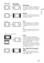 Page 2929 
Projecting
Wide Zoom
A 4:3 aspect ratio picture is enlarged over 
the entire screen properly. The upper and 
lower portions of the screen are slightly 
cut off.
Normal
A picture with normal 4:3 aspect ratio is 
displayed in the center of the screen to fill 
the vertical screen size.
Full
A picture squeezed to 4:3 is displayed 
with the correct aspect ratio. A 4:3 picture 
is enlarged horizontally to fit the 16:9 
screen.
Tip
Squeezed: An original 16:9 aspect ratio picture 
is recorded horizontally...