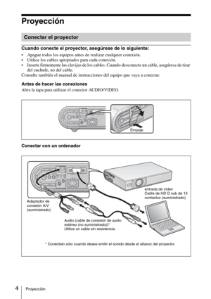 Page 404Proyección
Proyección
Cuando conecte el proyector, asegúrese de lo siguiente: 
 Apague todos los equipos antes de realizar cualquier conexión.
 Utilice los cables apropiados para cada conexión.
 Inserte firmemente las clavijas de los cables. Cuando desconecte un cable, asegúrese de tirar 
del enchufe, no del cable.
Consulte también el manual de instrucciones del equipo que vaya a conectar.
Antes de hacer las conexiones
Abra la tapa para utilizar el conector AUDIO/VIDEO.
Conectar con un ordenador...