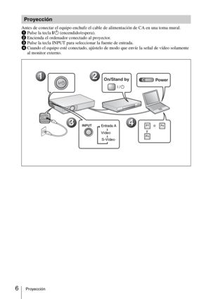 Page 426Proyección
Antes de conectar el equipo enchufe el cable de alimentación de CA en una toma mural.
1Pulse la tecla I/1 (encendido/espera).
2Encienda el ordenador conectado al proyector.
3Pulse la tecla INPUT para seleccionar la fuente de entrada.
dCuando el equipo esté conectado, ajústelo de modo que envíe la señal de vídeo solamente 
al monitor externo.
Proyección
ENUAC INCOVER
Fn
FxF7
Power On/Stand by2 21 1
4 43 3INPUTo
yEntrada A
Video
S-Video 