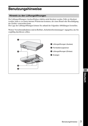 Page 513Benutzungshinweise
Benutzungshinweise
Die Lüftungsöffnungen (Auslass/Einlass) dürfen nicht blockiert werden. Falls sie blockiert 
werden, kann es zu einem internen Wärmestau kommen, der einen Brand oder Beschädigung 
des Gerätes verursachen kann.
Die Lage der Lüftungsöffnungen können Sie anhand der folgenden Abbildungen feststellen.
Weitere Vorsichtsmaßnahmen sind im Beiblatt „Sicherheitsbestimmungen“ angegeben, das Sie 
sorgfältig durchlesen sollten.
Hinweis zu den Lüftungsöffnungen
1
2
3
4...