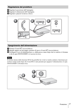 Page 677Proiezione
1Regolare la posizione dell’immagine.
2Regolare le dimensioni dell’immagine.
3Regolare a piacere la messa a fuoco.
1Premere il tasto I/1 (acceso/attesa).
2Quando appare un messaggio, premere di nuovo il tasto I/1 (acceso/attesa).
3Scollegare il cavo di alimentazione c.a. dalla presa a muro dopo che la ventola si è fermata 
e che la spia ON/STANDBY si è accesa in rosso.
Il circuito interno della funzione Off & Go potrebbe far sì che la ventola continui a funzionare per 
un breve tempo anche...