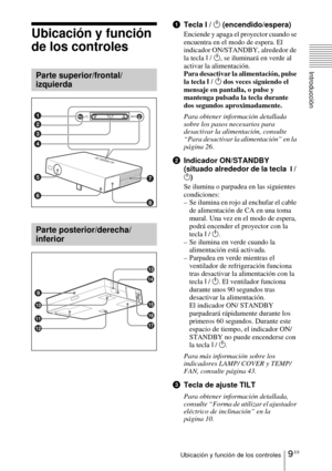 Page 1059 ESUbicación y función de los controles
Introducción
Ubicación y función 
de los controles 
  
1Tecla I /  1 (encendido/espera)
Enciende y apaga el proyector cuando se 
encuentra en el modo de espera. El 
indicador ON/STANDBY, alrededor de 
la tecla  I / 1, se iluminará en verde al 
activar la alimentación.
Para desactivar la alimentación, pulse 
la tecla  I / 1 dos veces siguiendo el 
mensaje en pantalla, o pulse y 
mantenga pulsada la tecla durante 
dos segundos aproximadamente.
Para obtener...